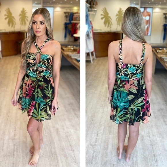 NWT PATBO Tropicalia Palm Cut Out Convertible Mini Dress in Black size L - Picture 2 of 16